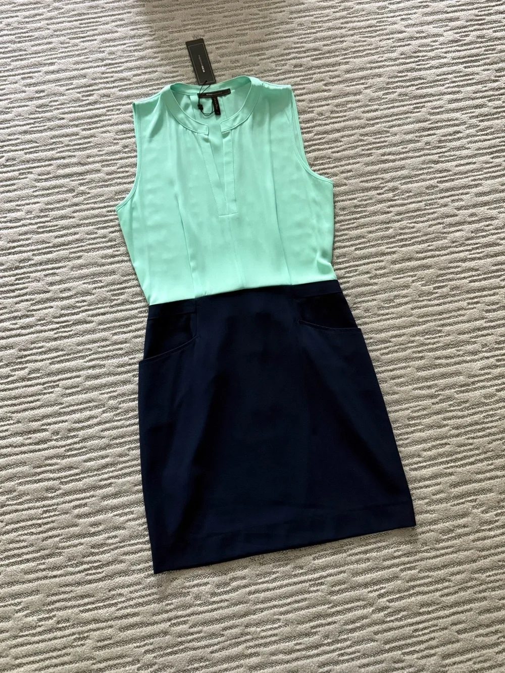BCBGMaxAzria Mint and Navy Sleeveless Colorblock Sheath Dress